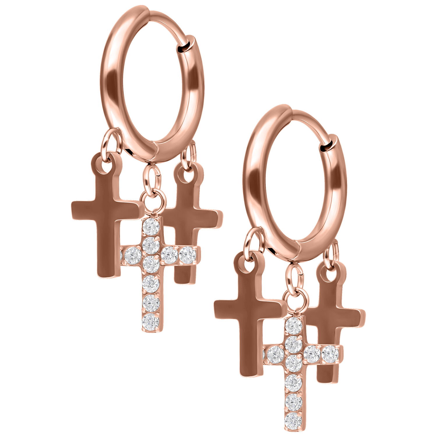 Orecchini a cerchio in oro rosa con tre piccoli pendenti a croce, uno decorato con cristalli, su sfondo bianco