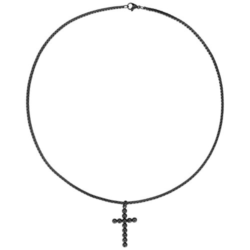 Collana con croce nera in acciaio chirurgico con struttura a bolle su sfondo bianco
