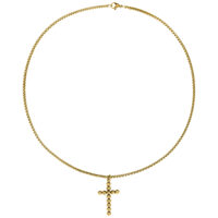 Collana Bubble Cross dorata in acciaio chirurgico Collana dorata con ciondolo a croce su sfondo bianco