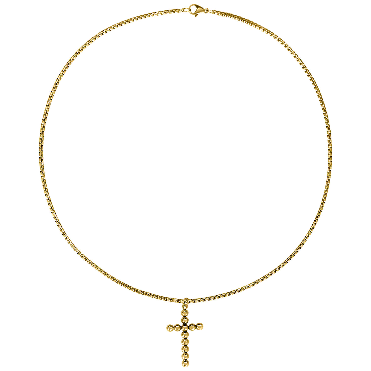 Collana Bubble Cross dorata in acciaio chirurgico Collana dorata con ciondolo a croce su sfondo bianco