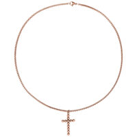 Collana in acciaio chirurgico 316L in oro rosa con ciondolo a croce su sfondo bianco