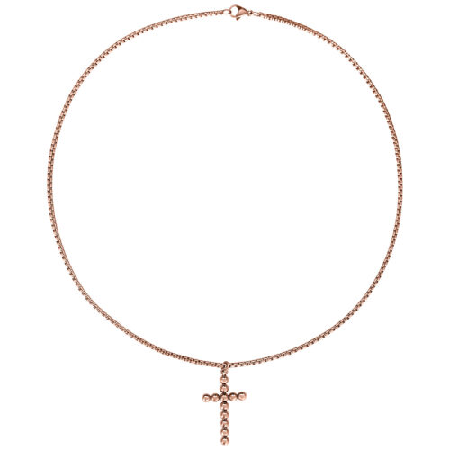 Collana in acciaio chirurgico 316L in oro rosa con ciondolo a croce su sfondo bianco