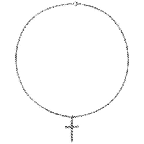 Collana Bubble Cross in acciaio chirurgico argentato su sfondo bianco
