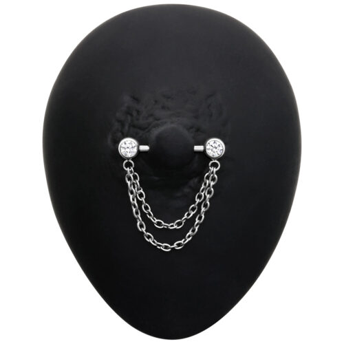 Barbell nero per capezzoli in titanio con doppia catena su sfondo nero