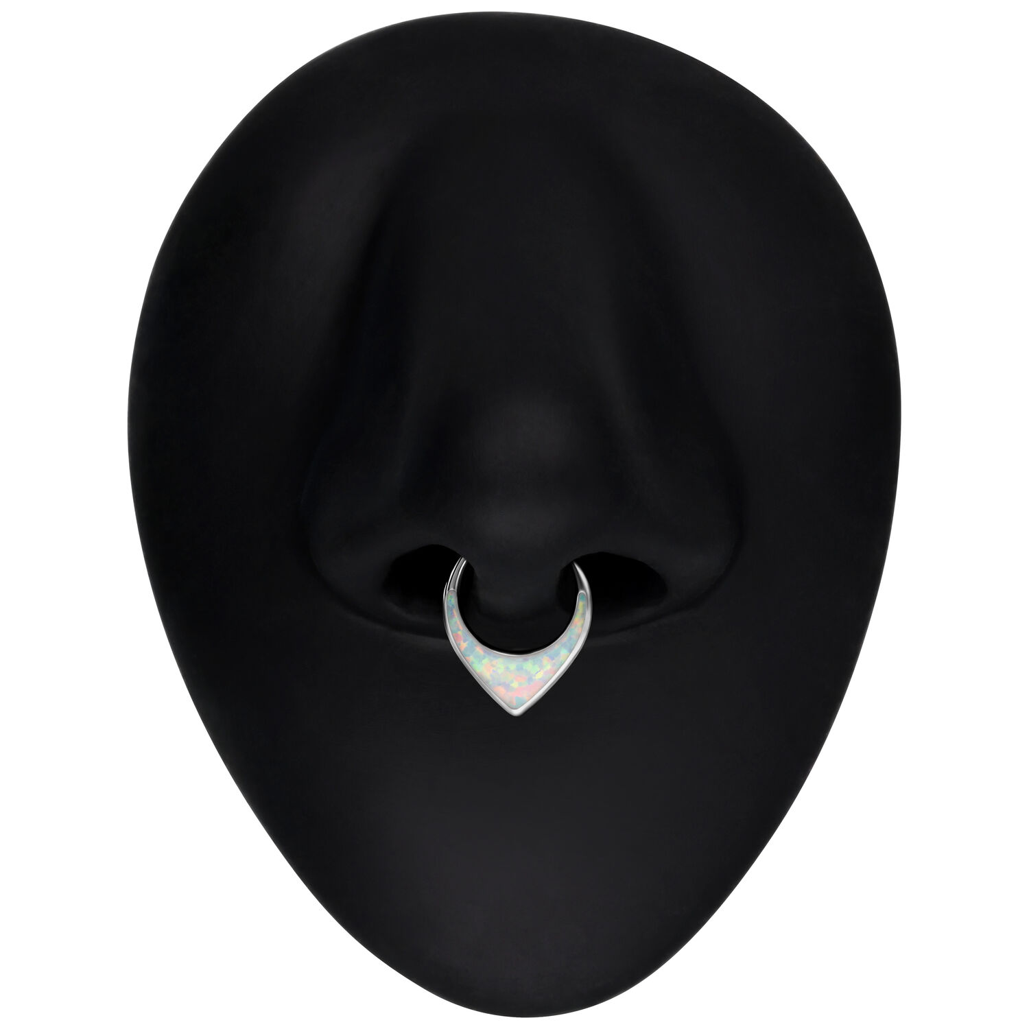 Clicker per setto argento con opale bianco su display nasale nero