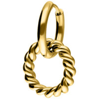 Orecchini a cerchio Twisted Circle placcati oro Orecchini a cerchio dorati e intrecciati in acciaio chirurgico su sfondo bianco
