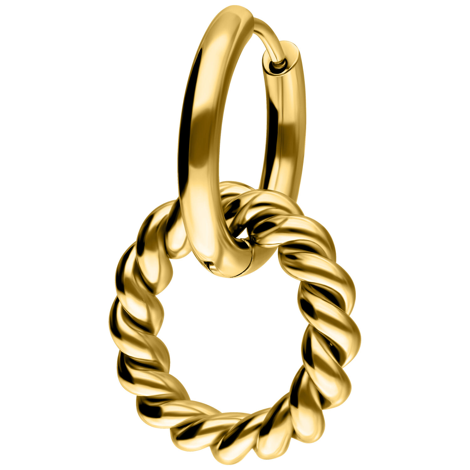 Orecchini a cerchio Twisted Circle placcati oro Orecchini a cerchio dorati e intrecciati in acciaio chirurgico su sfondo bianco