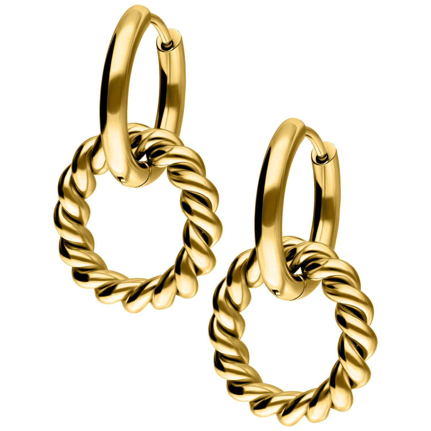 Orecchini a Cerchio Twisted Dorati Coppia di cerchi dorati Twisted con design intrecciato su sfondo bianco