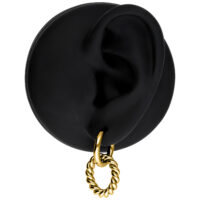 Twisted Circle Hoops in metallo dorato Orecchini dorati e intrecciati su orecchio modello nero su sfondo bianco