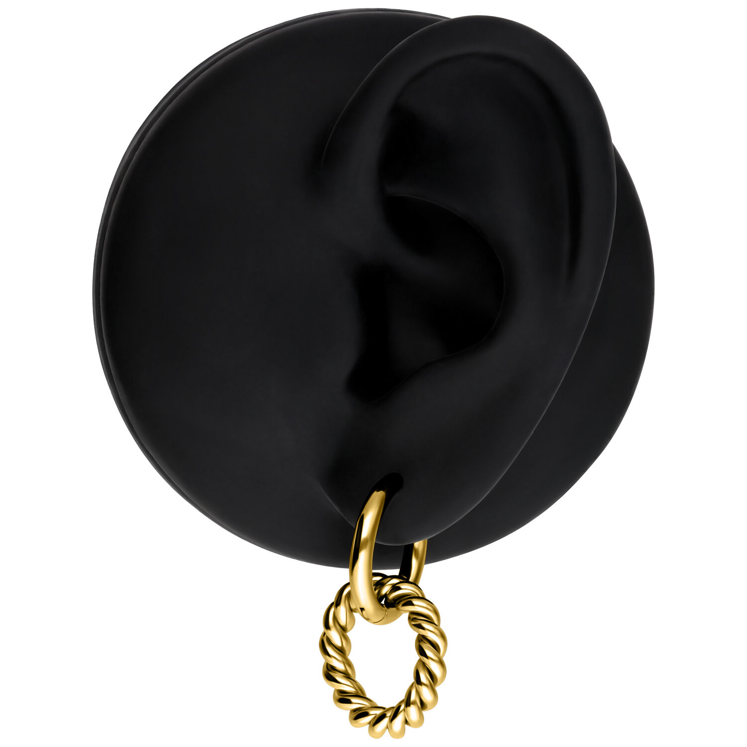 Twisted Circle Hoops in metallo dorato Orecchini dorati e intrecciati su orecchio modello nero su sfondo bianco