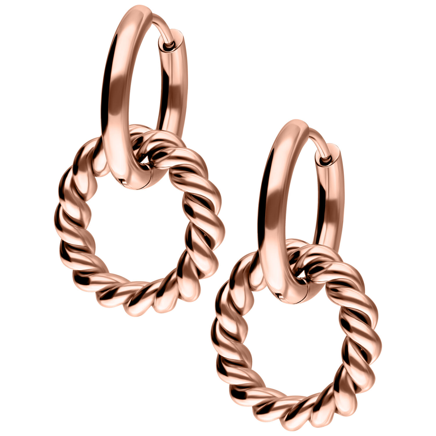 Creole in oro rosa intrecciate su sfondo bianco