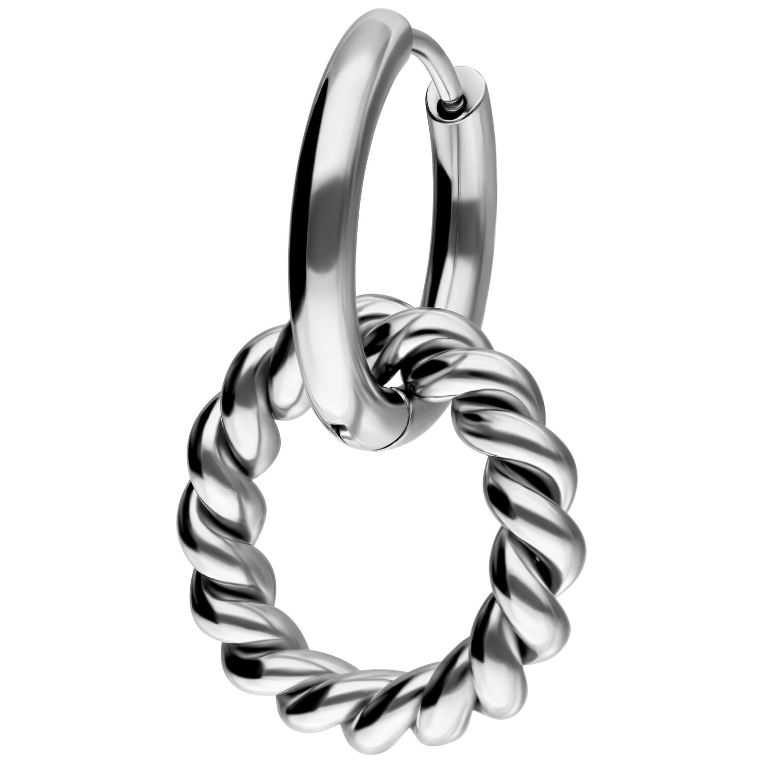 Twisted Circle Hoops in acciaio inossidabile argento su sfondo bianco