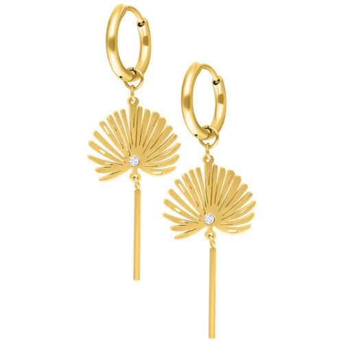 Due orecchini dorati con ciondolo a ventaglio e cristallo trasparente su sfondo bianco