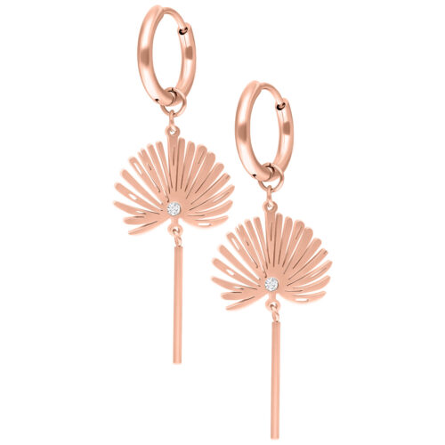 Orecchini in oro rosa con ciondolo delicato e cristallo chiaro su sfondo bianco