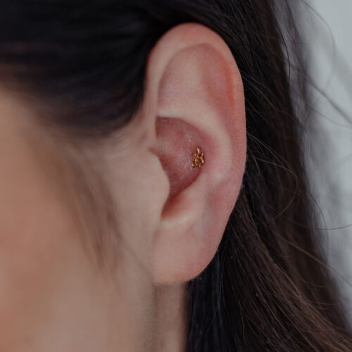 Lotus d'oro in 14K nell'orecchio su sfondo neutro