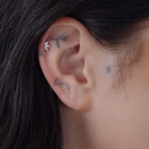 14K Gold Lotusblüten-Aufsatz su un orecchio di una persona con capelli scuri