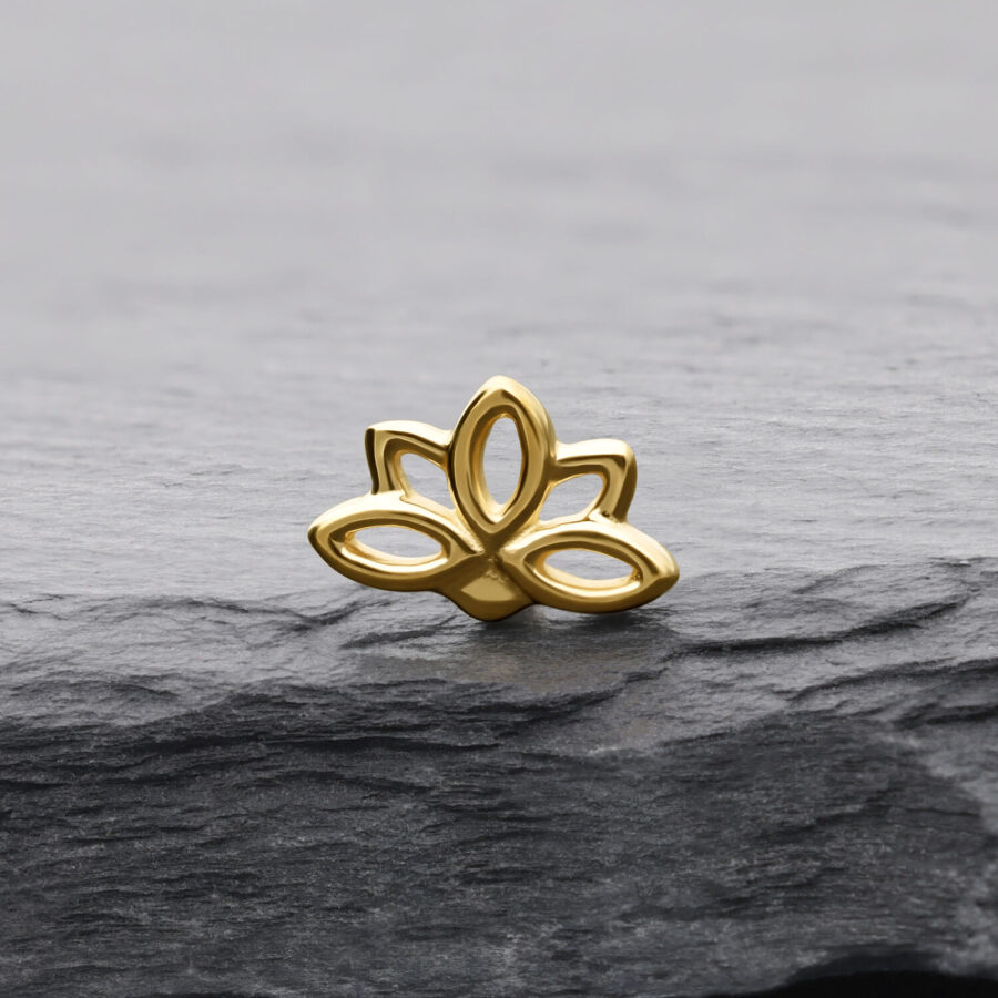 Attacco Lotus dorato su pietra grigia con linee chiare e superficie lucida