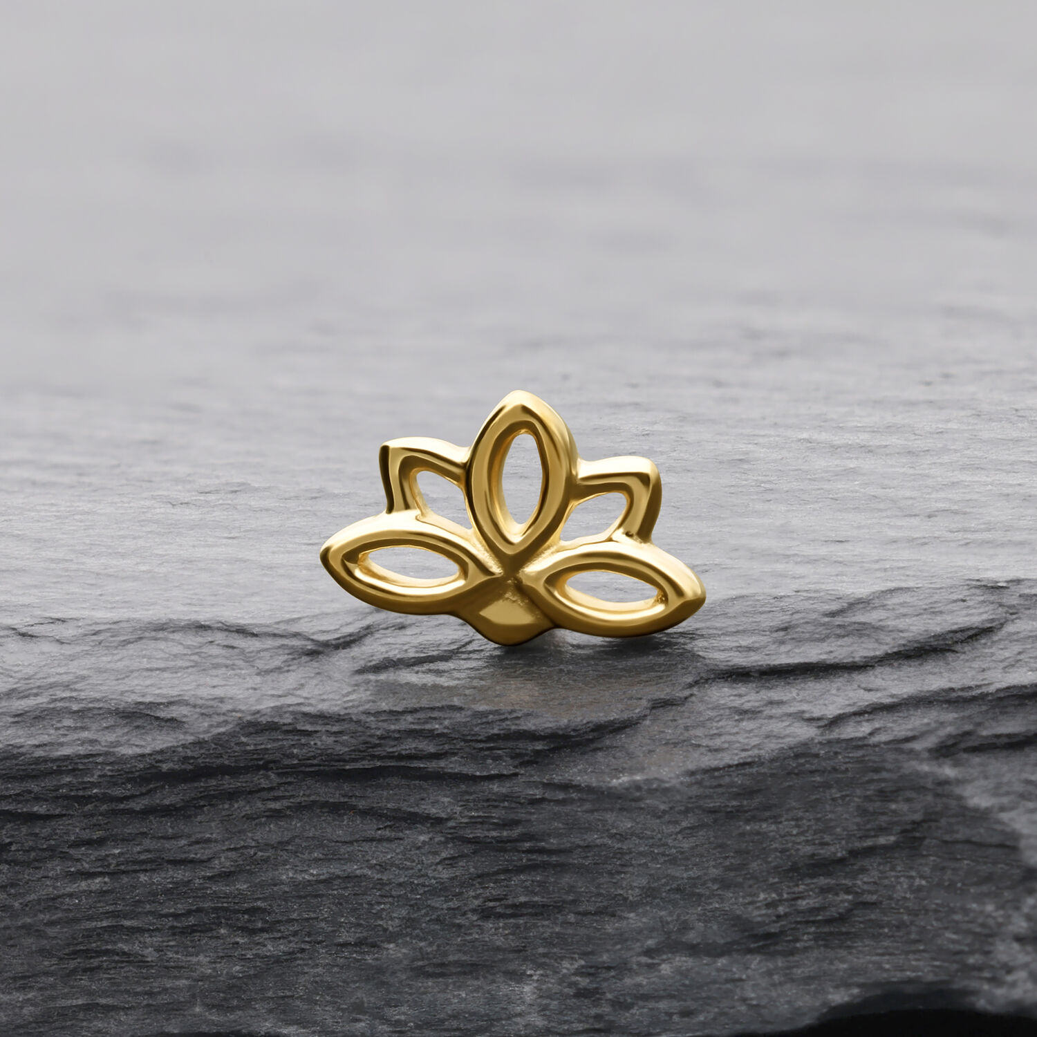 Attacco Lotus dorato su pietra grigia con linee chiare e superficie lucida
