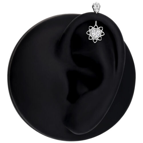 Modello di orecchio nero con Verticale Helix Barbell in argento e fiore di cristallo