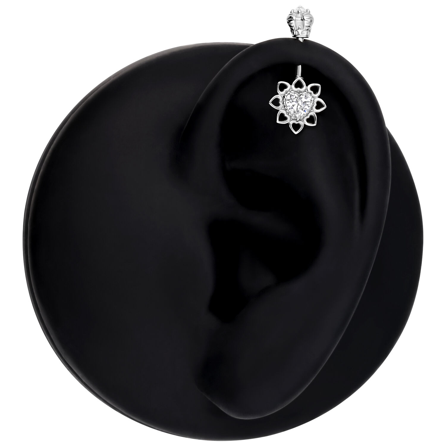 Modello di orecchio nero con Verticale Helix Barbell in argento e fiore di cristallo