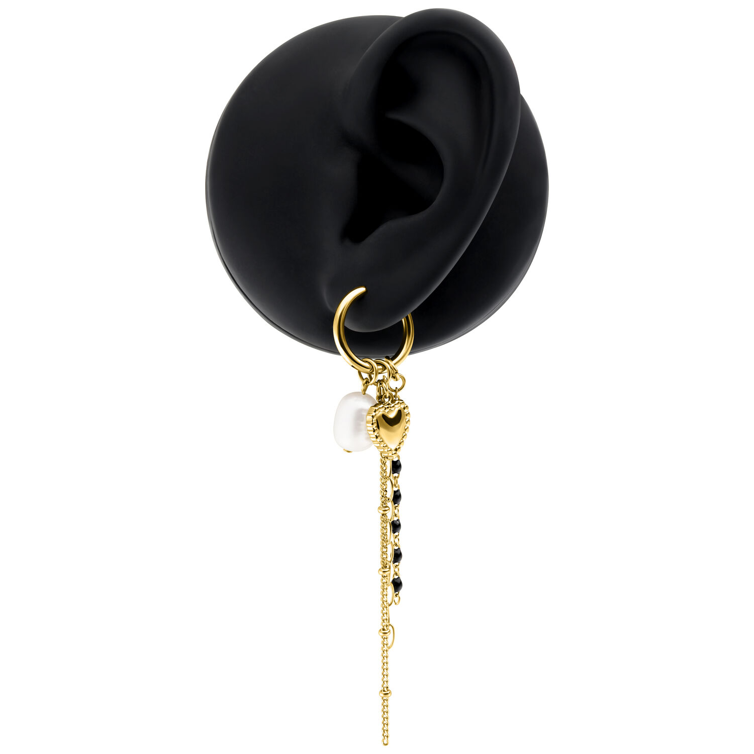 Orecchini a Cerchio Bubble Heart Dorati con Perla Orecchini dorati con design a cuore e perla su modello di orecchio nero