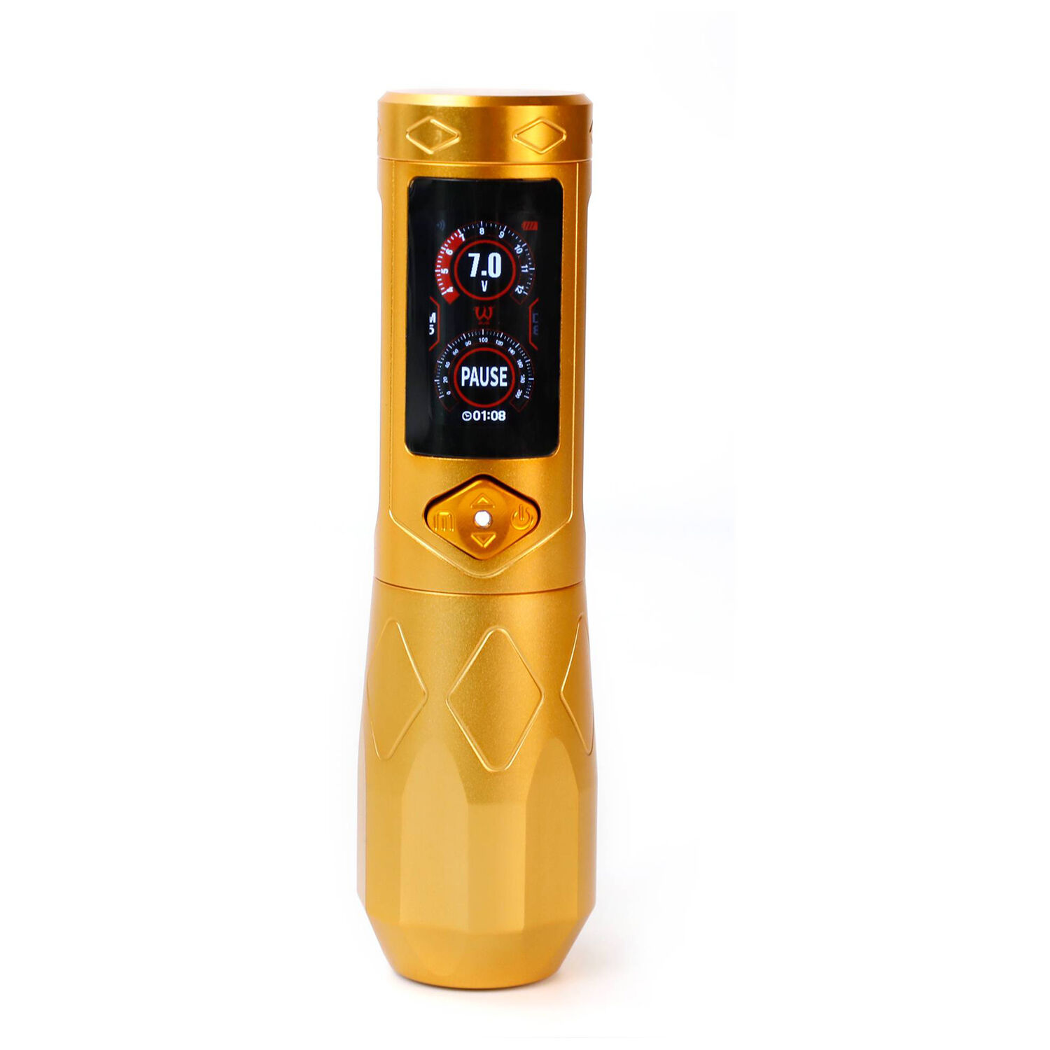 GTR Wireless Tattoo Pen dorato con display su sfondo bianco
