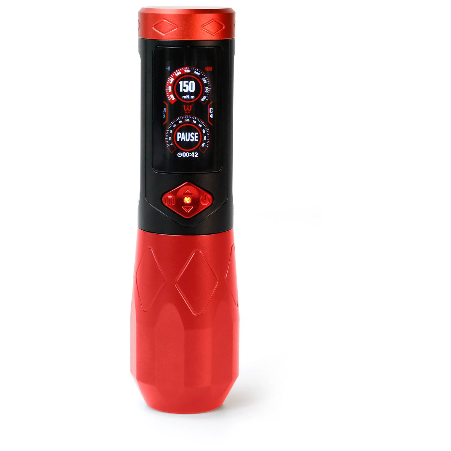 Penna per Tatuaggi Wireless GTR Rossa di Wildcat Penna per tatuaggi rossa con impugnatura nera e display digitale su sfondo bianco
