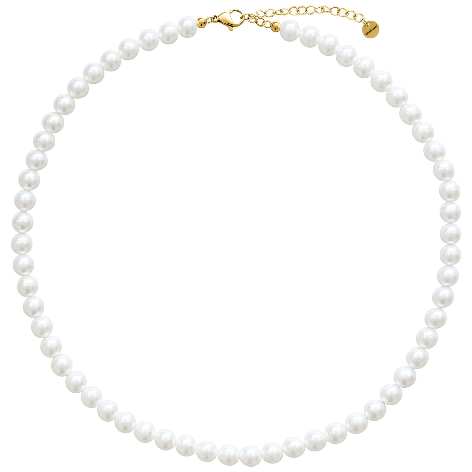 Grande collana di perle sintetiche con dettagli dorati Collana di grandi perle sintetiche con chiusura dorata su sfondo bianco