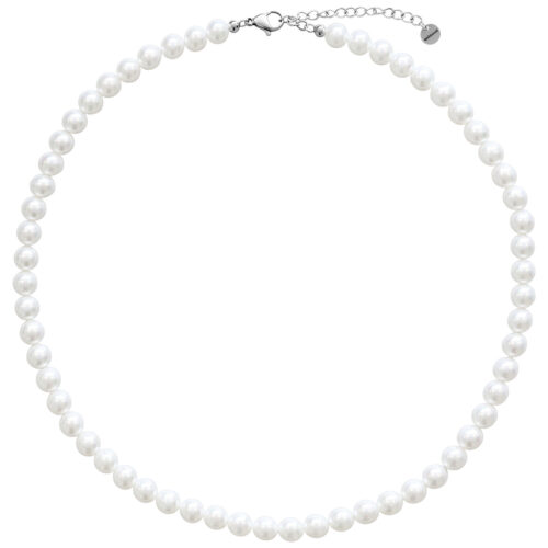 Collana argentata con grandi perle sintetiche su sfondo bianco