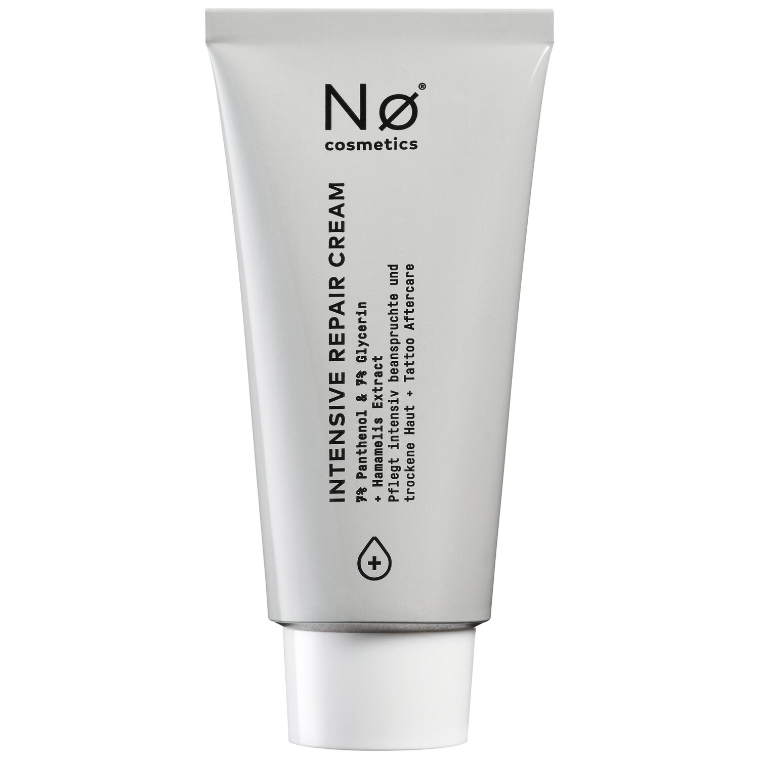 Tubo grigio della Crema Riparatrice Intensiva Nø Cosmetics su sfondo bianco