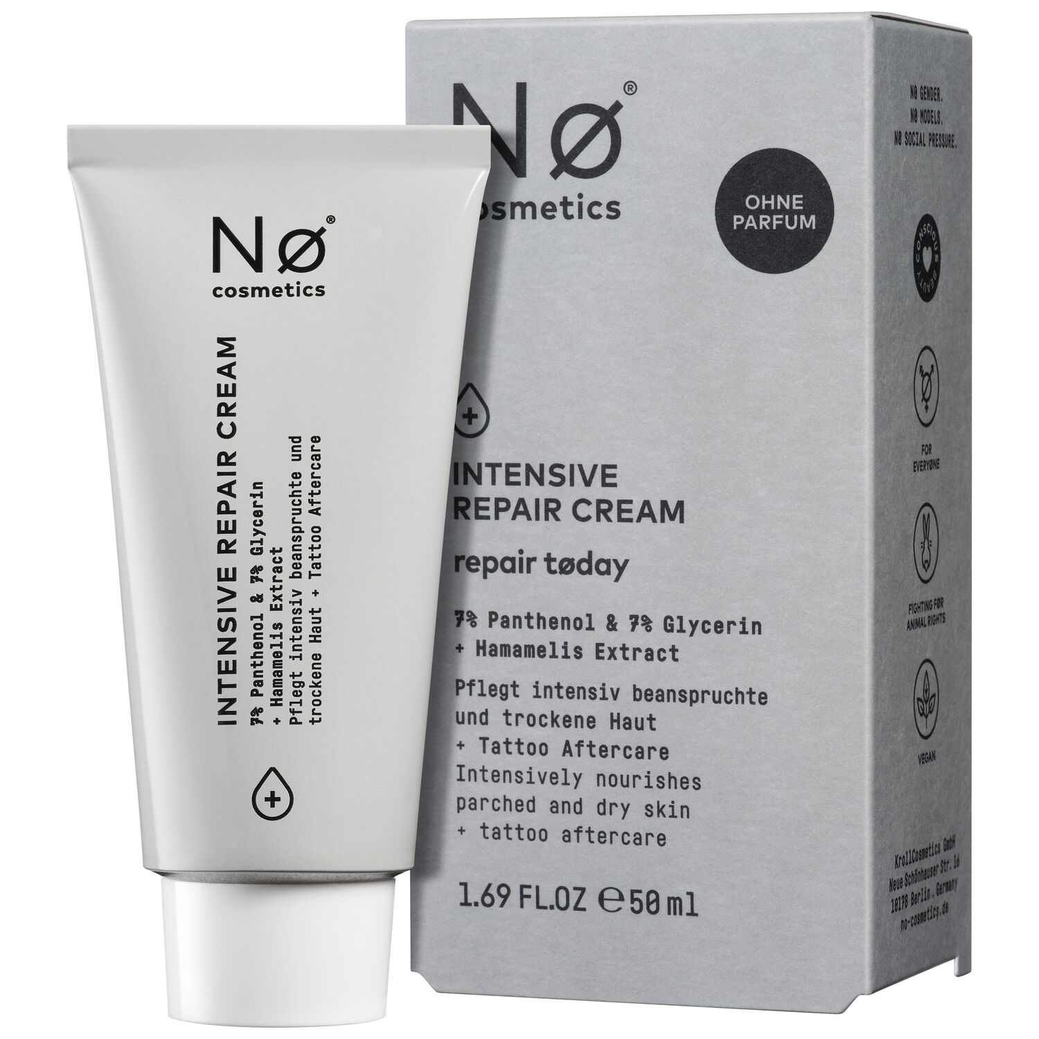 Tubo grigio della No Cosmetics Crema Riparatrice Intensiva accanto alla confezione grigia