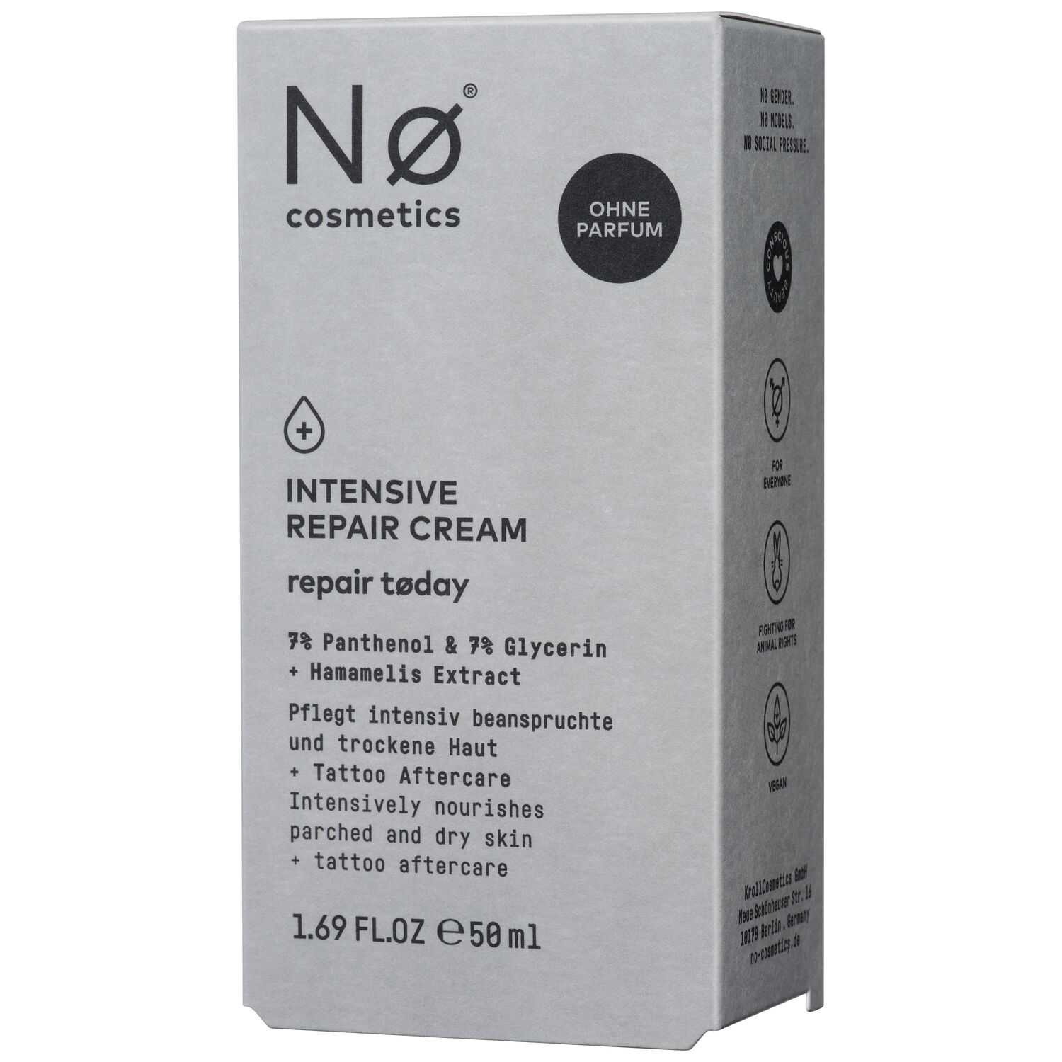 Confezione grigia della Nø Cosmetics Crema Riparatrice Intensiva 50ml con dettagli testuali