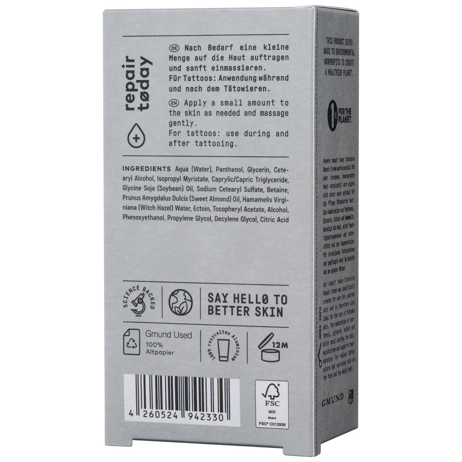 Confezione grigia della No Cosmetics Intensiv Repair Cream con testo e simboli