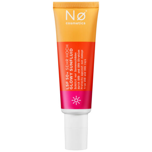 Tubo rosa e arancione di No Cosmetics Glowy Sunfluid su sfondo bianco