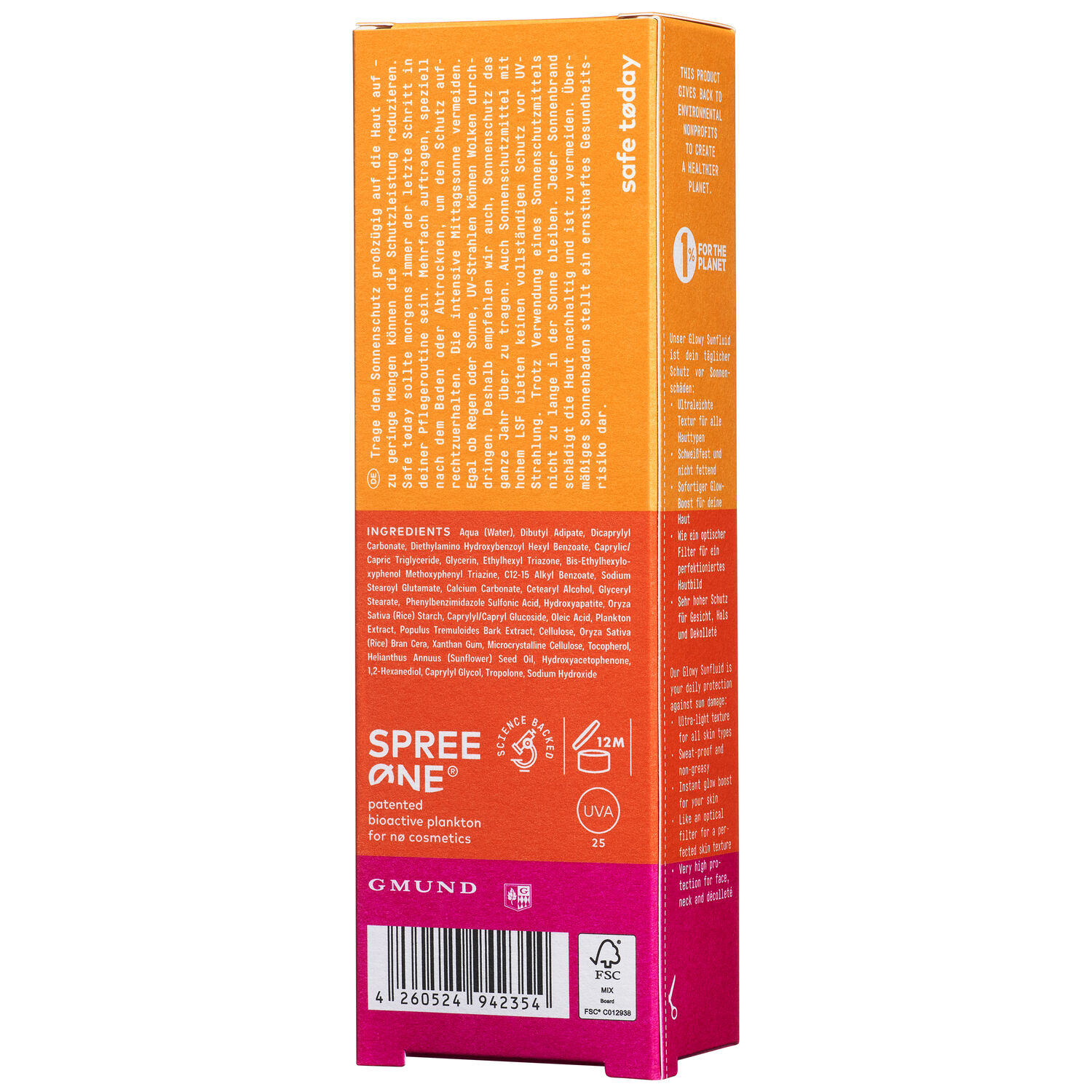 Confezione colorata del No Cosmetics Glowy Sunfluid SPF50, 50ml, su sfondo bianco