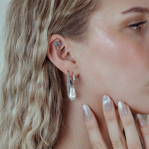 Orecchio con attacco Push Fit in argento, cristalli lavanda e turchese