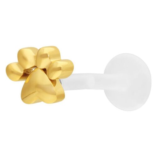 Piercing labret dorato avvitabile con motivo a zampa su sfondo bianco