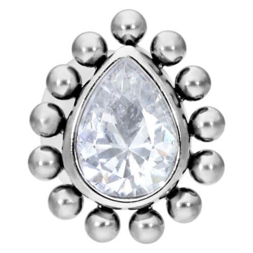 Labret in argento con goccia di cristallo chiaro e sfere su sfondo bianco