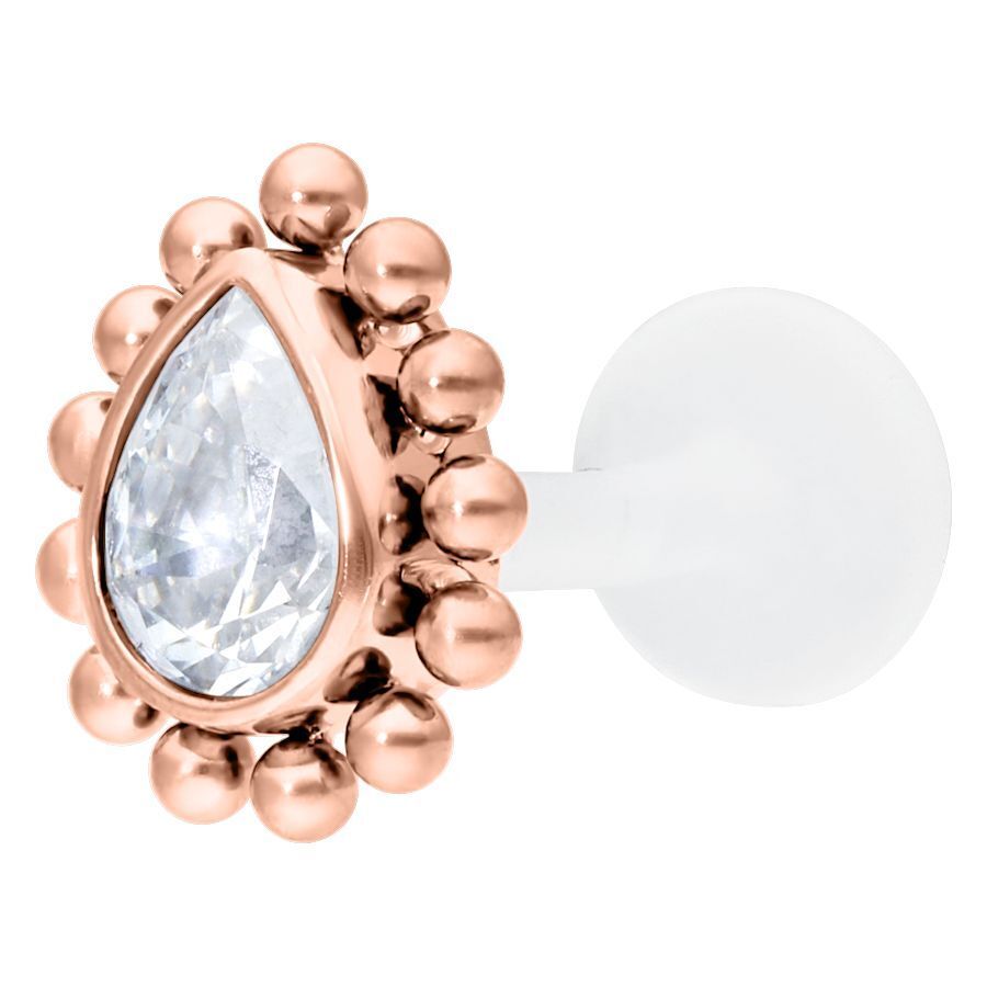 Labret in rosé gold con goccia cristallina e barra in PTFE
