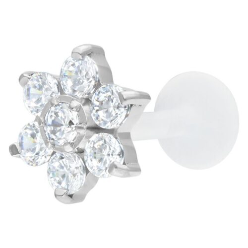 Labret con fiore di cristallo argento su sfondo bianco