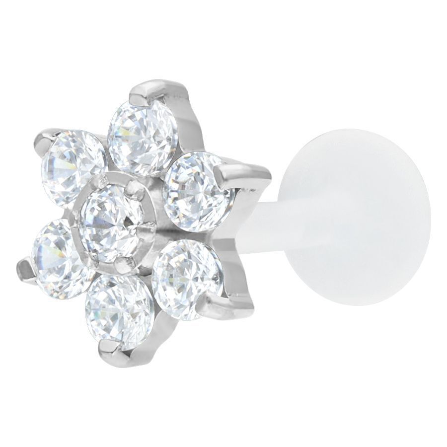 Labret con fiore di cristallo argento su sfondo bianco