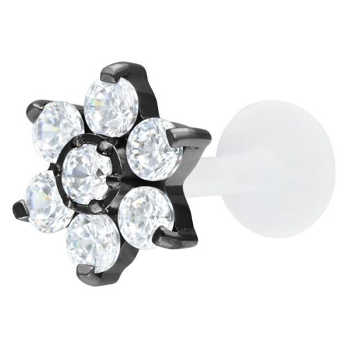 Labret nero con forma di fiore cristallino su sfondo bianco