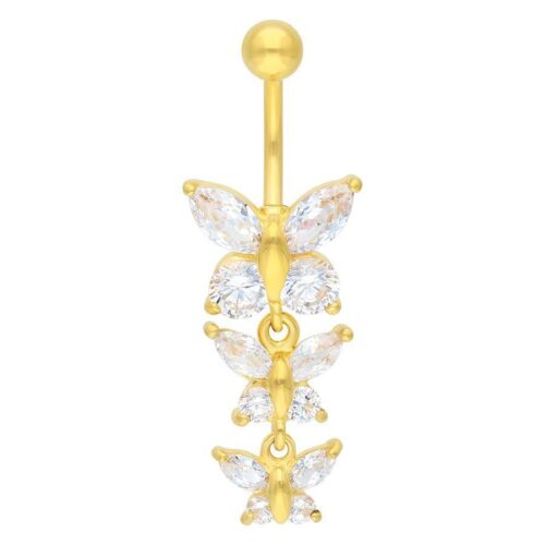 Banana bell dorato con tre farfalle e cristalli chiari su sfondo bianco