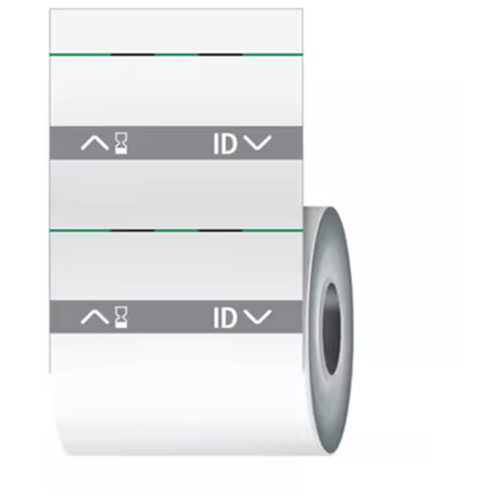 Rotolo di etichette bianco con stampa a doppia linea su sfondo grigio