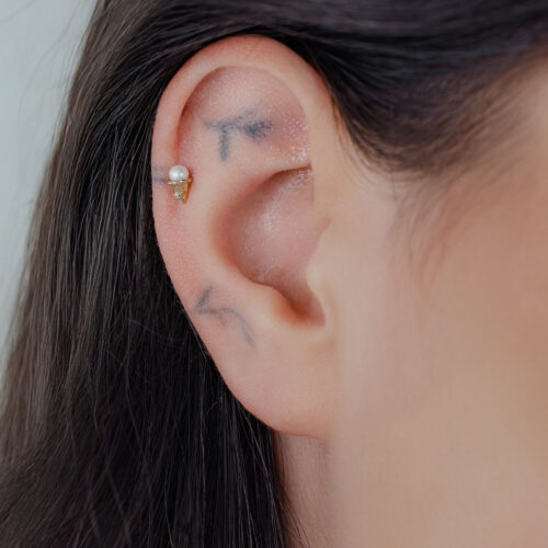 Punta in Titanio Oro Push Fit con cristallo chiaro indossata nell'orecchio.