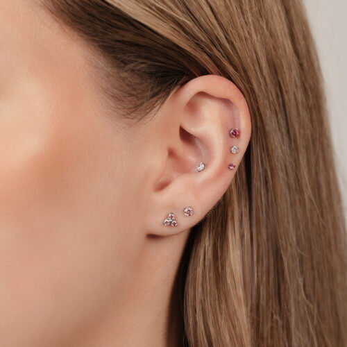 Orecchio con diversi accessori Prong Set in rosa su sfondo chiaro