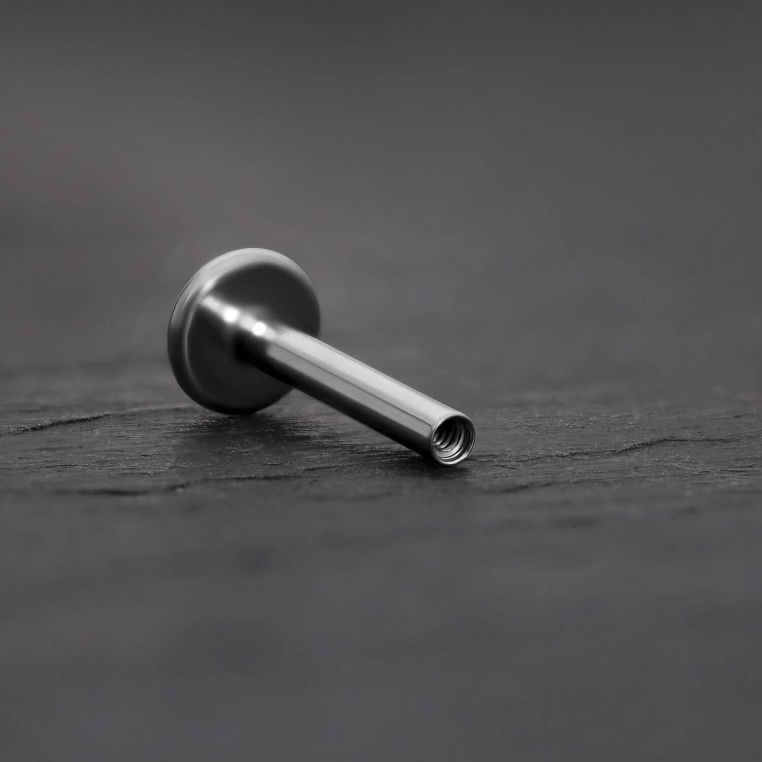 Labret in titanio argento con filettatura interna su sfondo grigio