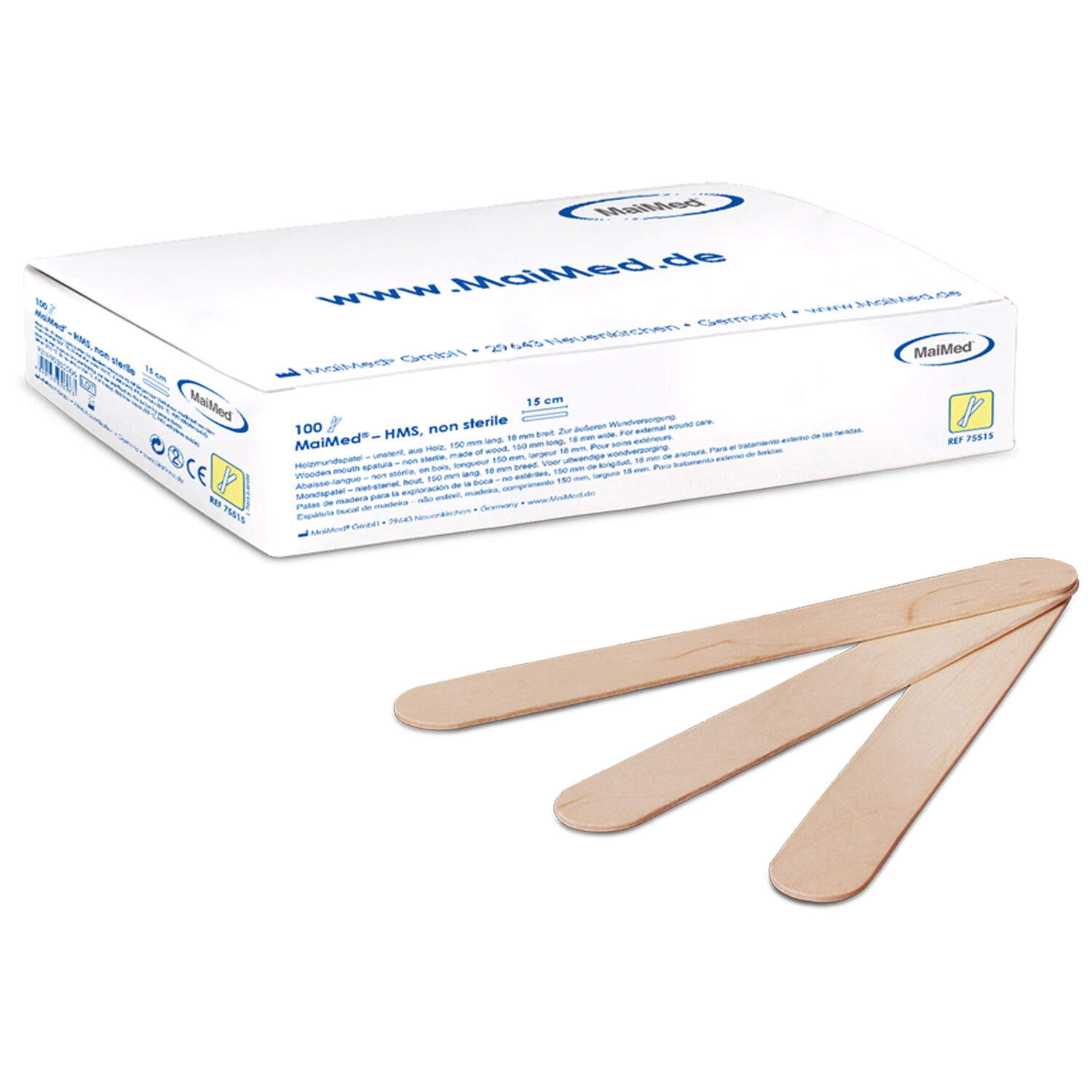 HMS spatole di legno di Wildcat Tre spatole di legno davanti a una confezione bianca con scritta blu