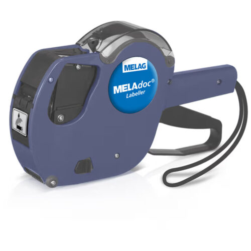 Etichettatrice MELAdoc blu con impugnatura ergonomica su sfondo bianco