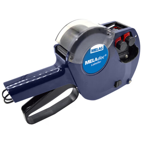 Etichettatrice MELAdoc blu con impugnatura nera su sfondo bianco